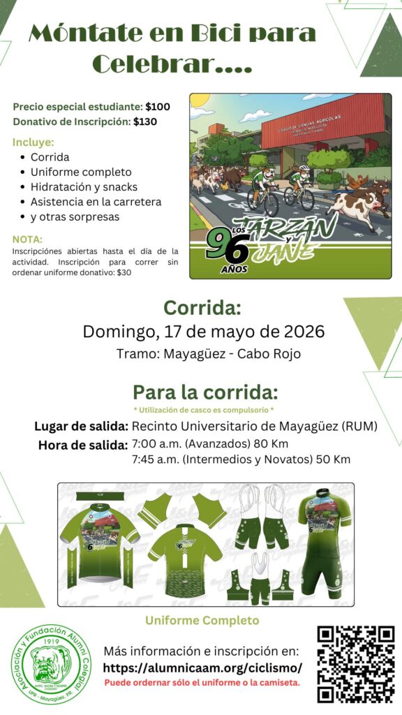 Afiche promocional Los 96 años de Tarzán y Jane. Evento de ciclismo recreativo pro fondo programas deportivos del Recinto Universitario de Mayagüez.